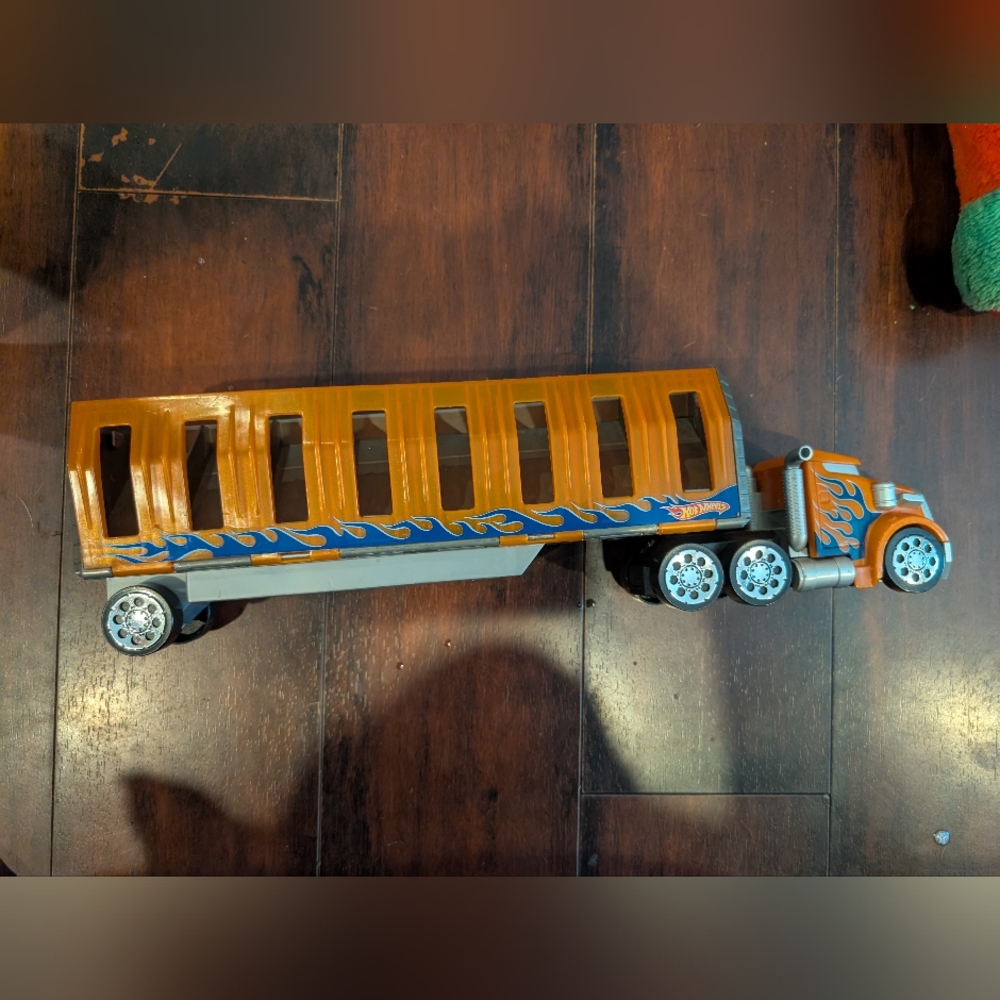 Hot Wheels Mattel Semi Truck Toy Transporter Car Hauler Blue Flames Drop Gate